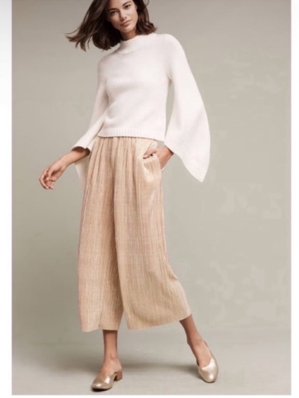 Anthropologie Elevenses Gilded Pleated Wide Leg Culotte Pants